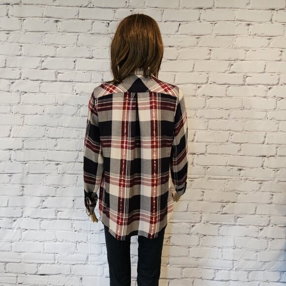 CLEO, Plaid navy/burgundy button down top with slight metallic thread detailing - Picture 7 of 8